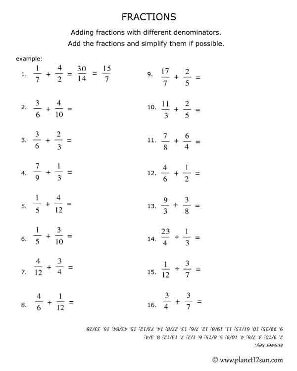 Adding Fraction With Unlike Denominators Worksheet