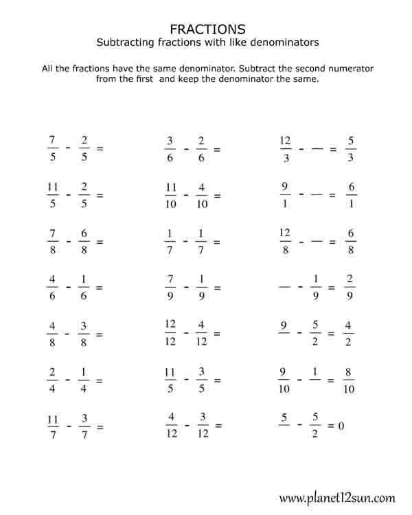 Subtracting Fractions With Renaming Worksheet