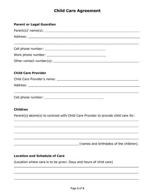 free printable child care agreement form