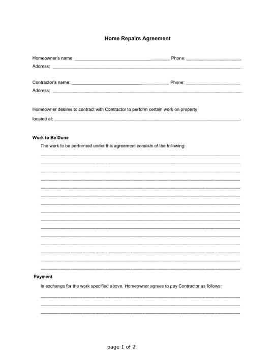 free printable home repairs agreement form