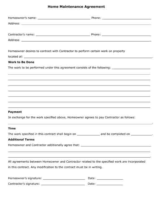 free printable home maintenance agreement form